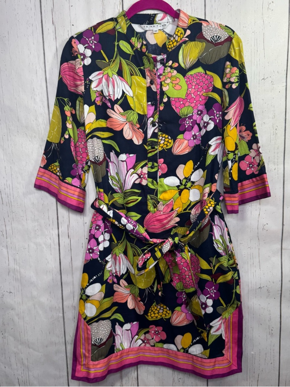 Trina Turk Navy Floral Midi Dress with Pink, Yellow and Green Accents